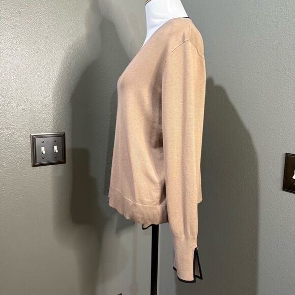 Halogen contrast Trim Sweater Tan Black V-neck Slit Sleeves - Picture 5 of 11